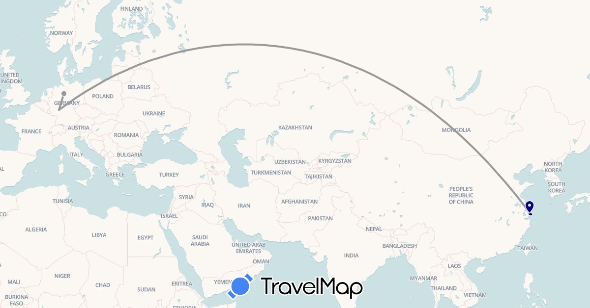 TravelMap itinerary: driving, plane in China, Germany (Asia, Europe)